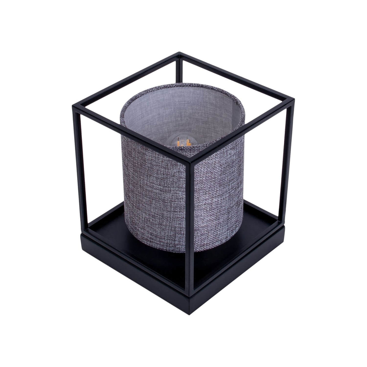 Produit seul de trois quarts, cadre métallique noir et abat-jour textile gris cylindrique.