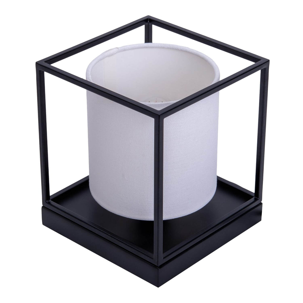 Lampe au cadre cubique noir et abat-jour cylindrique blanc, vue de face sur fond blanc