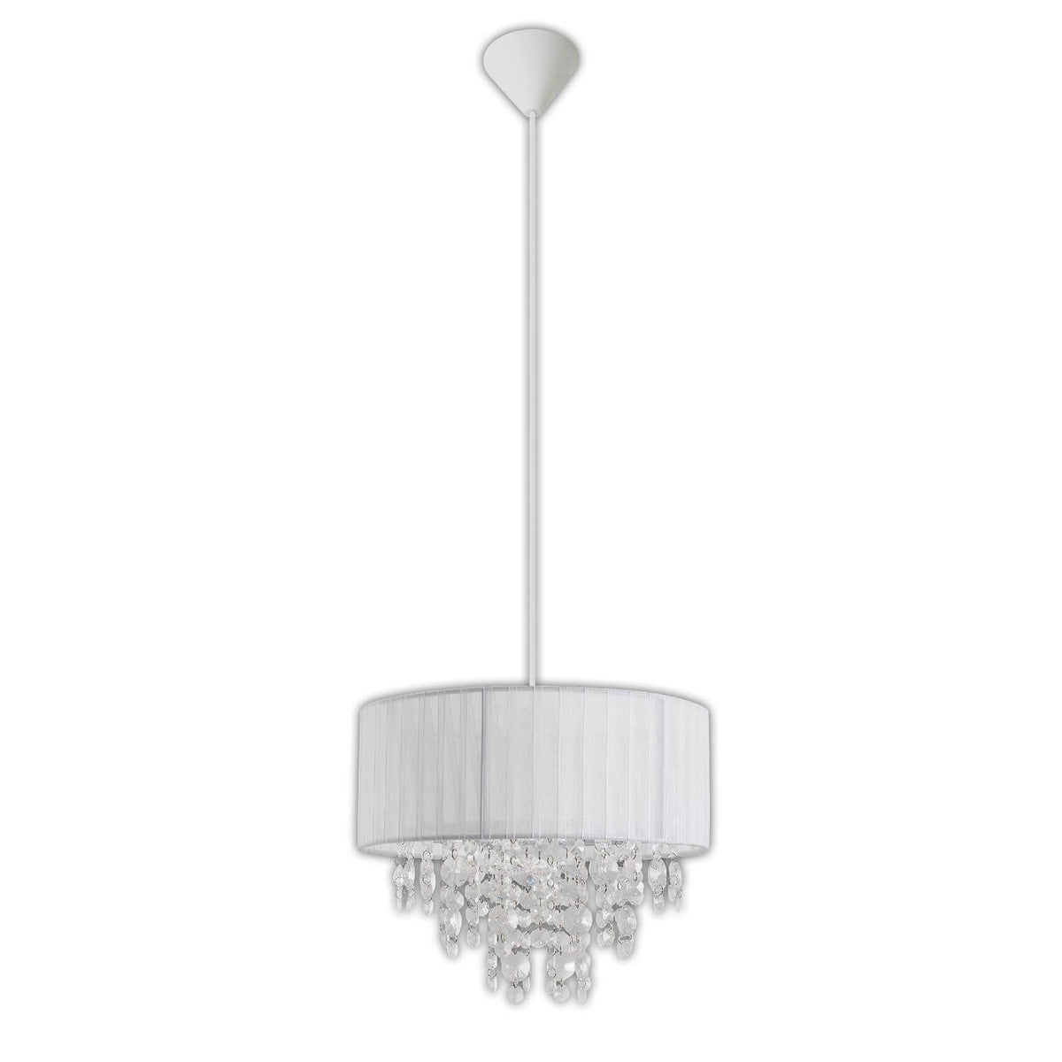 Suspension blanche de face, abat-jour tambour et pampilles de cristal sur fond blanc.