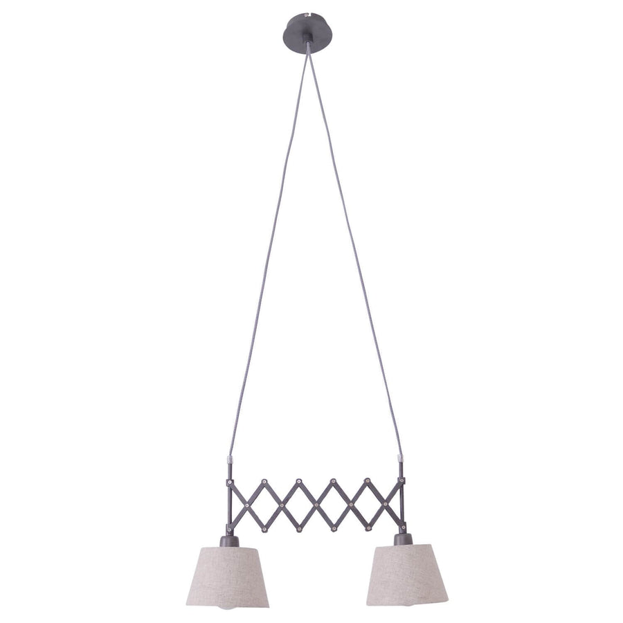 Suspension vue de face sur fond blanc, deux abat-jours coniques en tissu beige