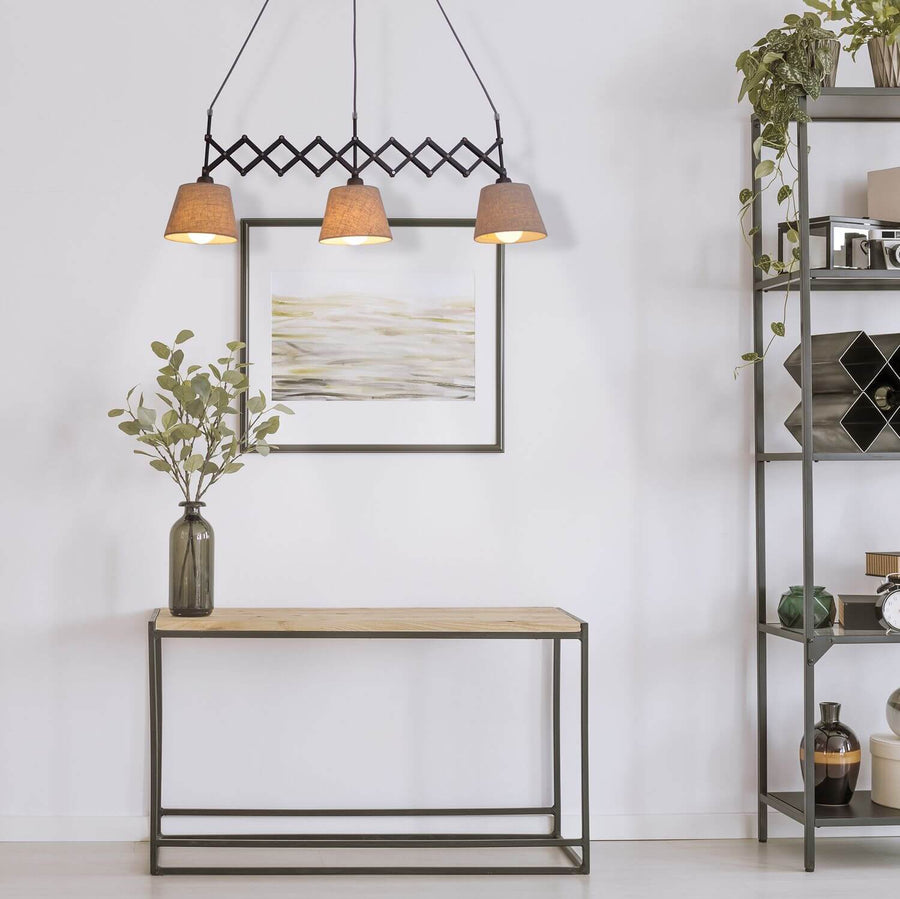 Luminaire suspendu au-dessus d'une console en bois, cadre et plante verte