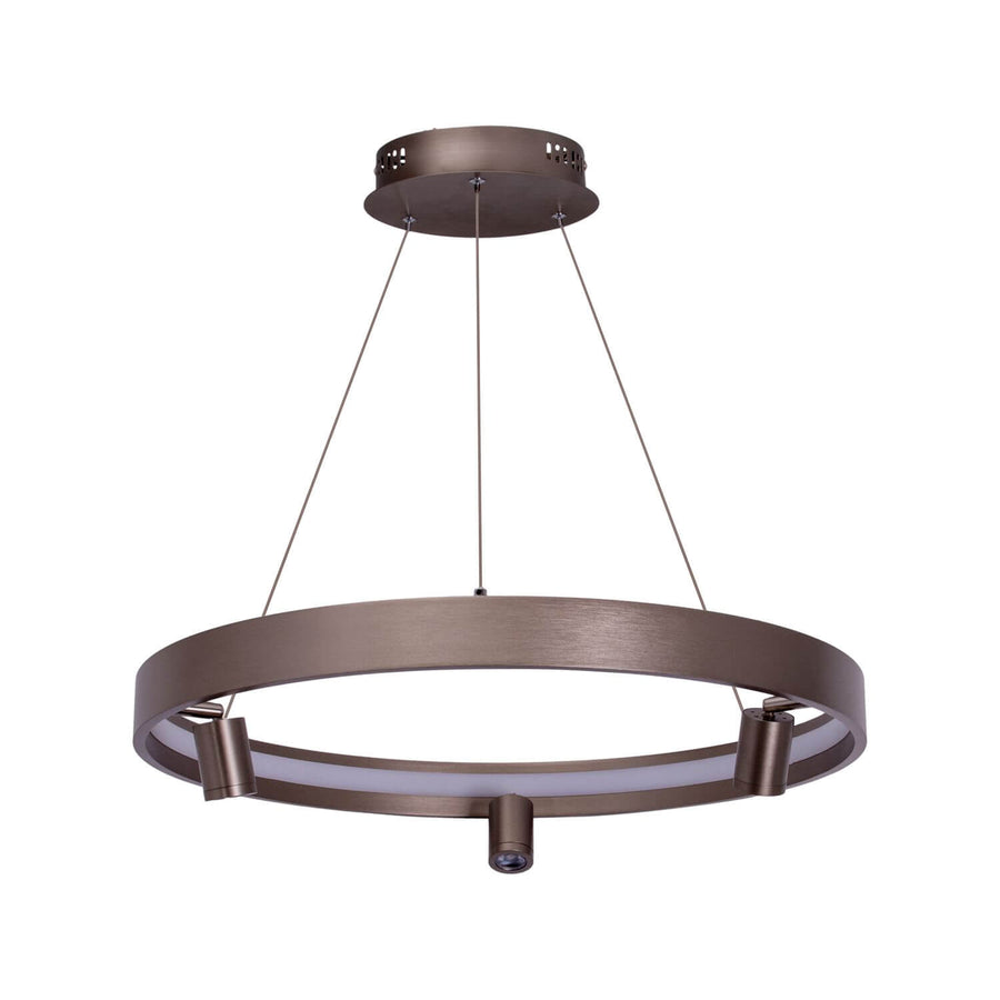 Suspension circulaire aluminium brossé, anneau avec trois projecteurs orientables, vue de face.
