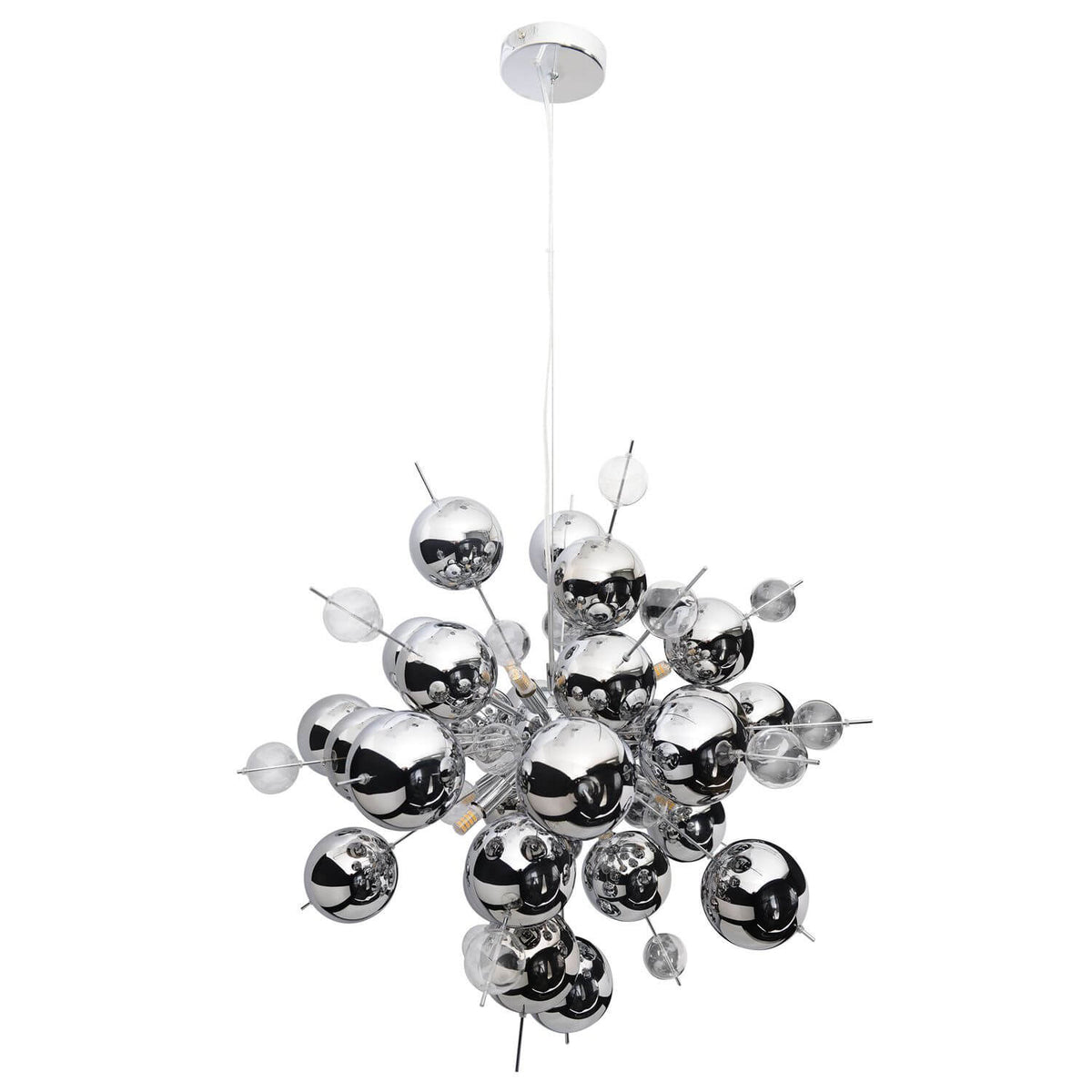 Suspension au bouquet de sphères chromées et verre sur fond blanc