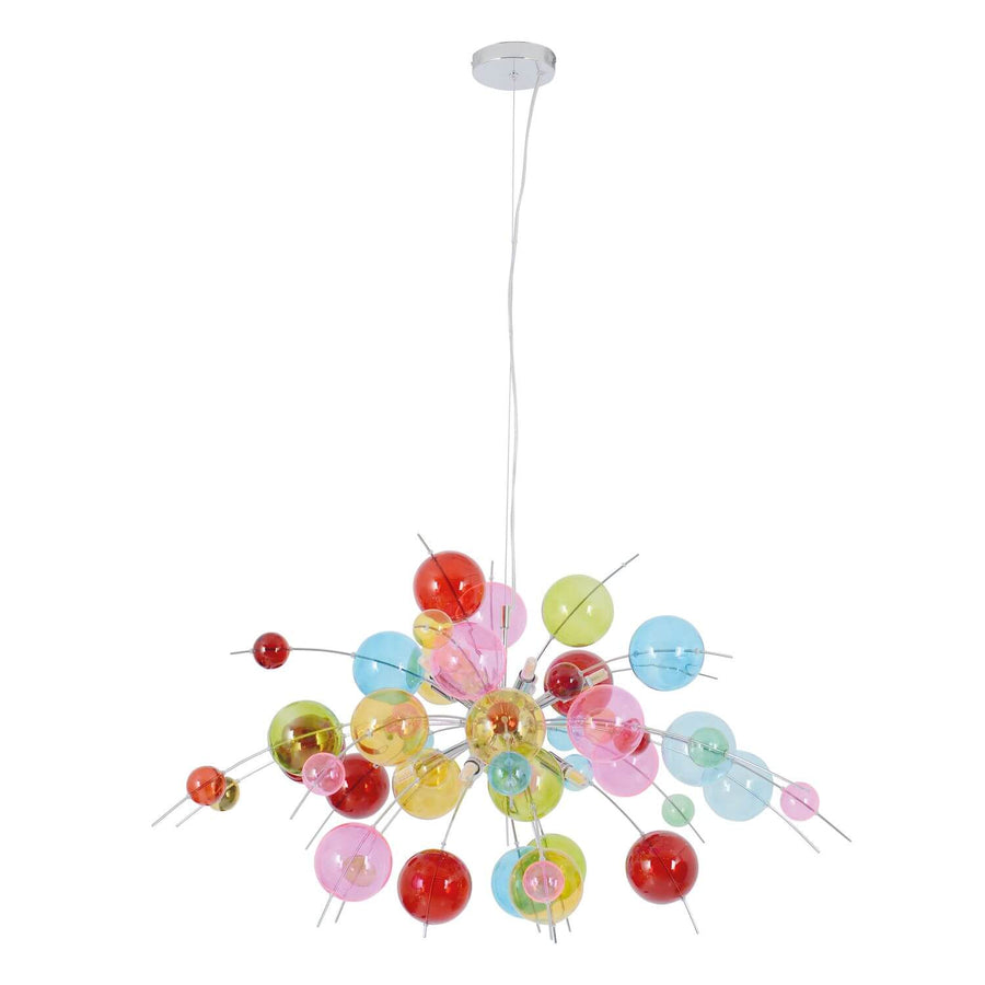 Suspension multicolore vue de face sur fond blanc, sphères de verre rayonnantes