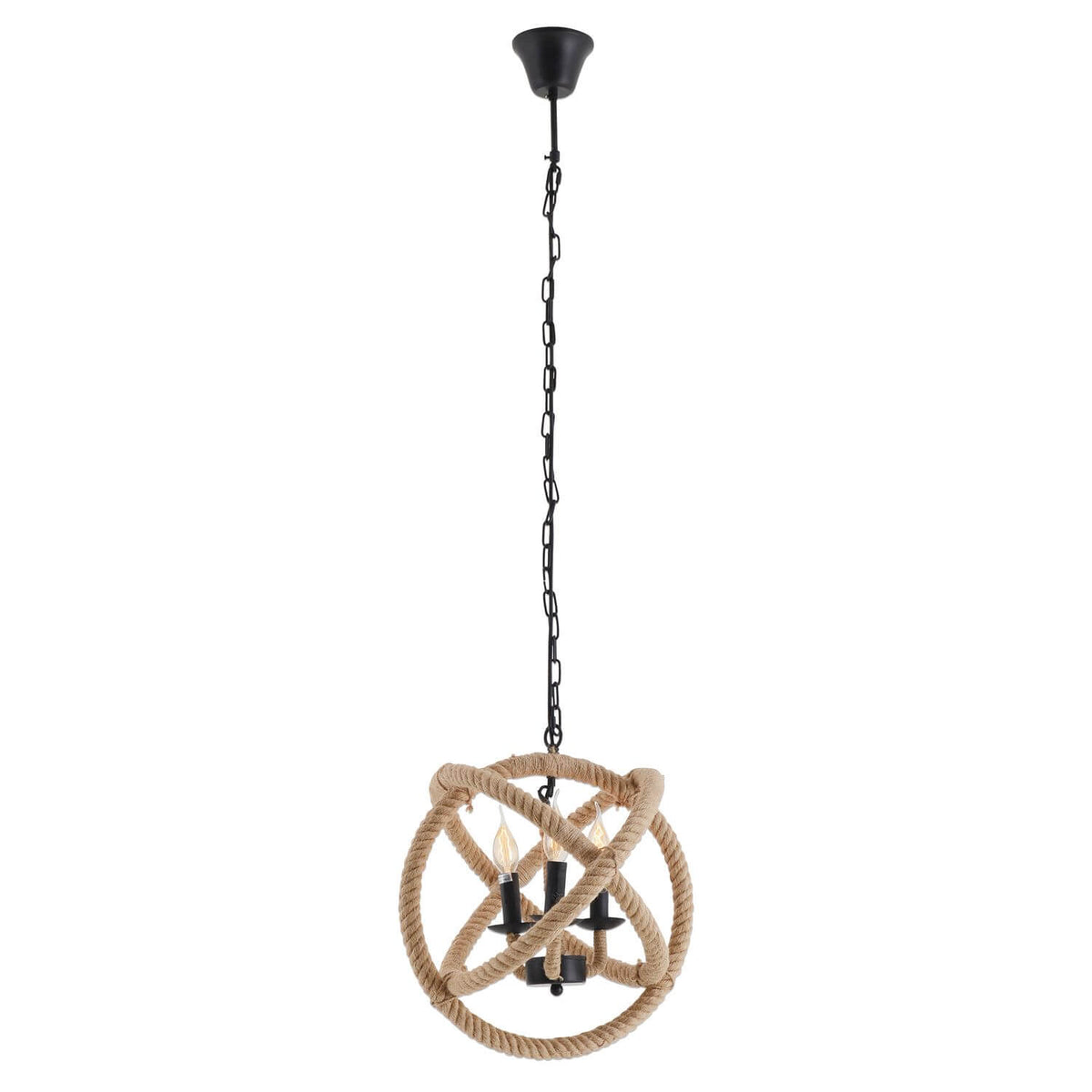 Suspension complète sur fond blanc, chaîne noire et sphère en corde tressée.