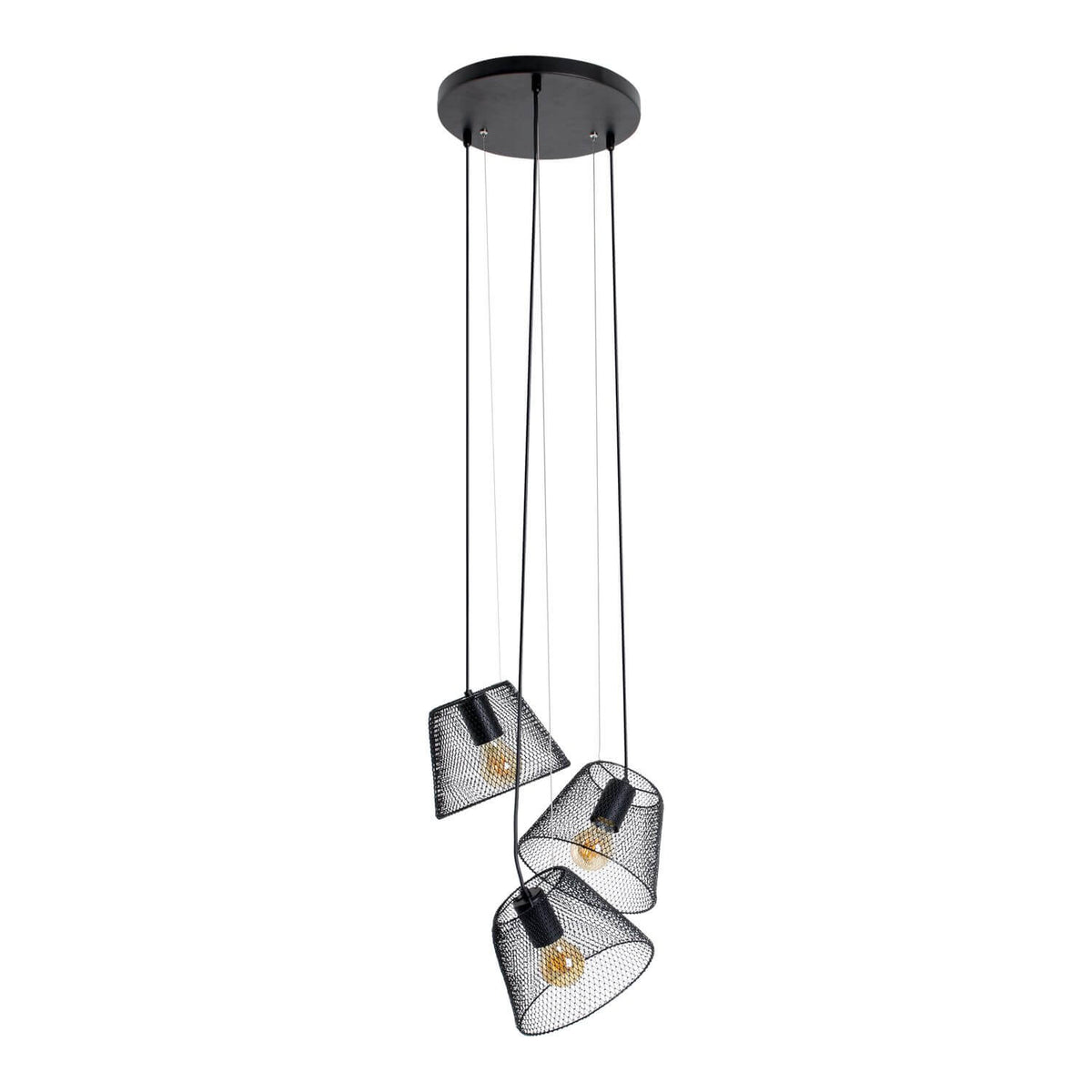 Suspension noire à trois abat-jours grillagés coniques, vue produit sur fond blanc.