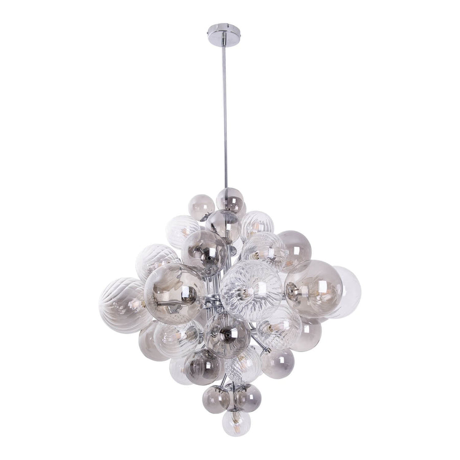 Suspension grappe de sphères en verre fumé et transparent, vue de face sur fond blanc