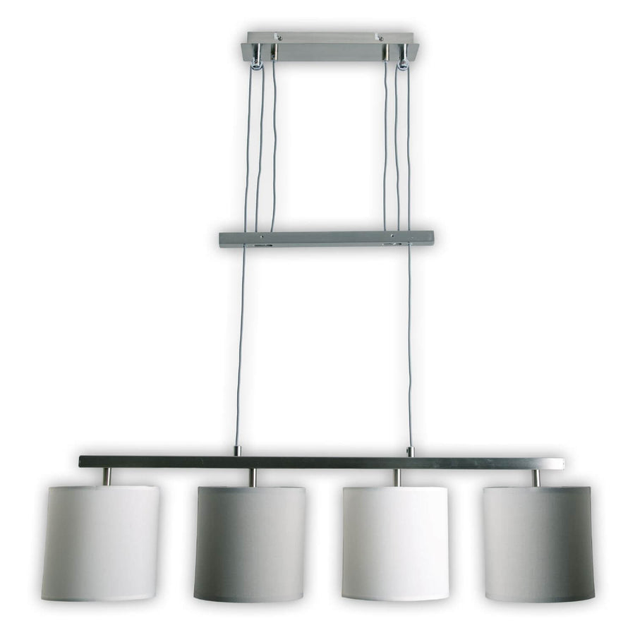 Vue de face du luminaire sur fond blanc, quatre abat-jours cylindriques gris et blancs