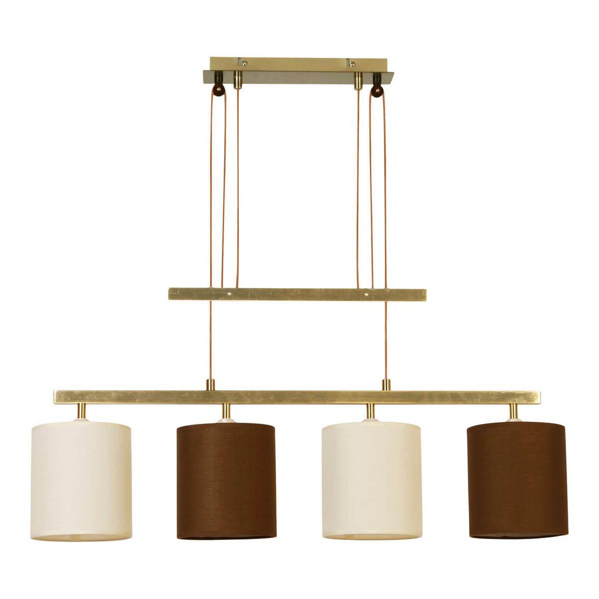 Suspension laiton à quatre abat-jours cylindriques alternés blanc et brun, vue de face produit.