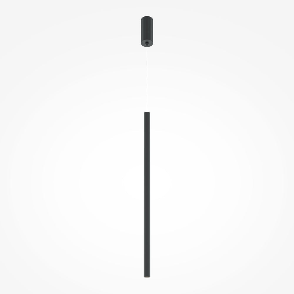 Luminaire suspendu noir vu de face, long tube vertical fin suspendu par câble