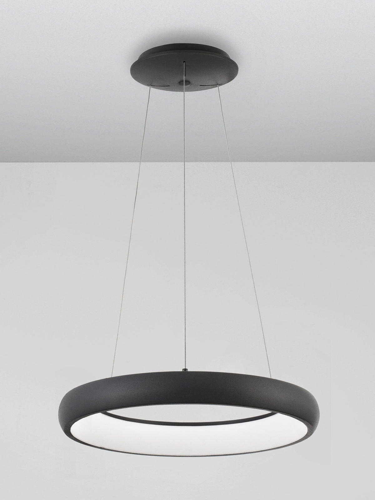 Vue plongeante du luminaire sous plafond, rosace noire et câbles tendus.