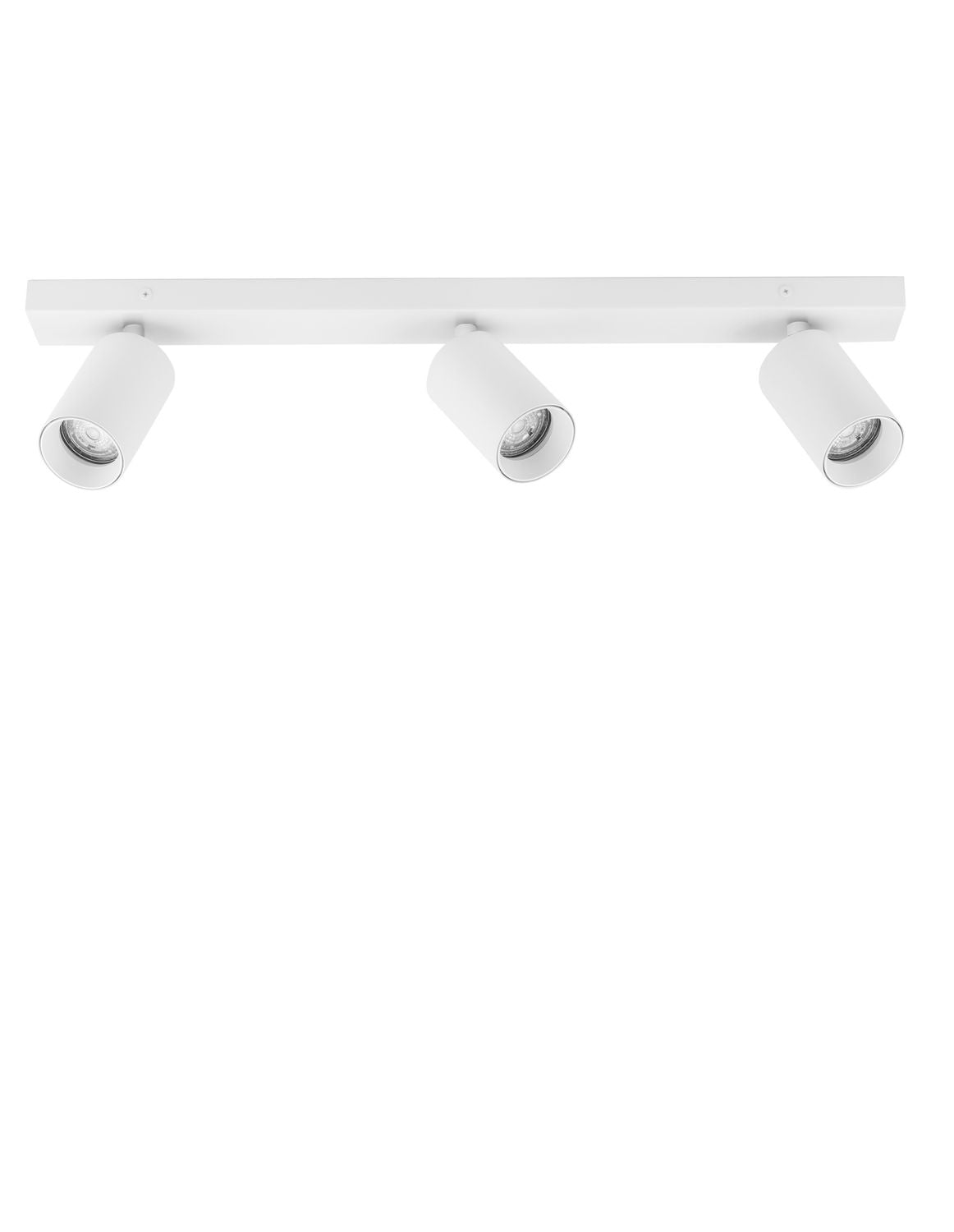Vue de face du plafonnier blanc sur fond blanc avec trois spots orientables