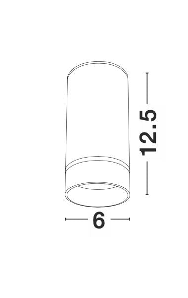 Schéma coté du plafonnier cylindrique : hauteur 12,5 cm et diamètre 6 cm.