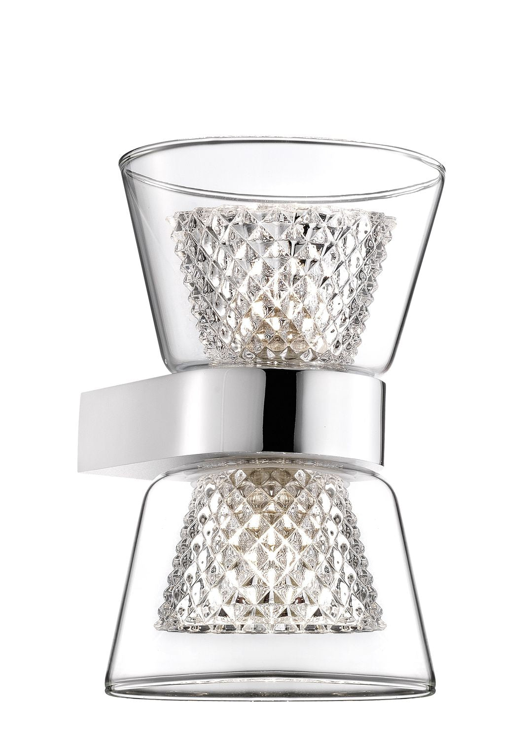 Produit de face : applique murale chromée à deux verres transparents et diffuseurs texturés.