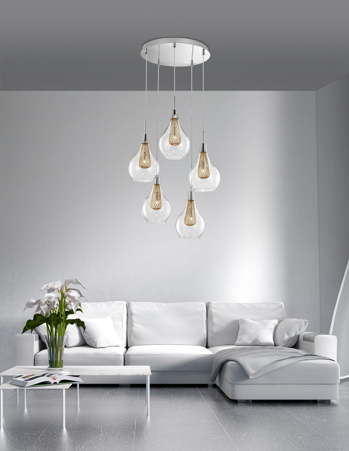 Suspension Filo 5 lumières dorée, verre