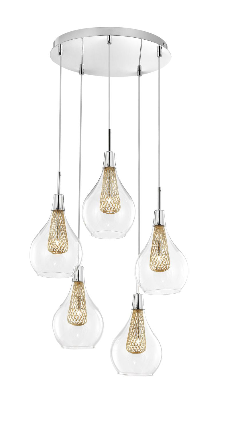 Suspension Filo 5 lumières dorée, verre