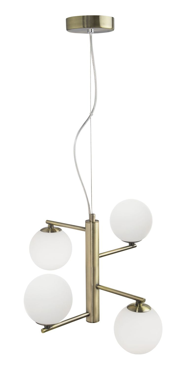 Vue de face du luminaire suspendu avec quatre globes en verre opalin.