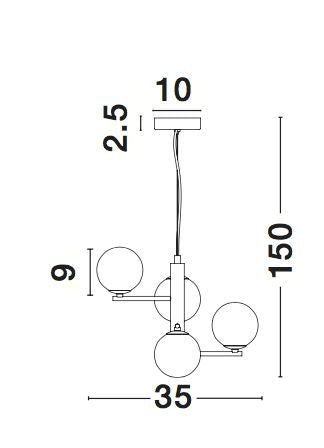 Schéma coté du luminaire suspendu avec hauteur 150 cm et largeur 35 cm.
