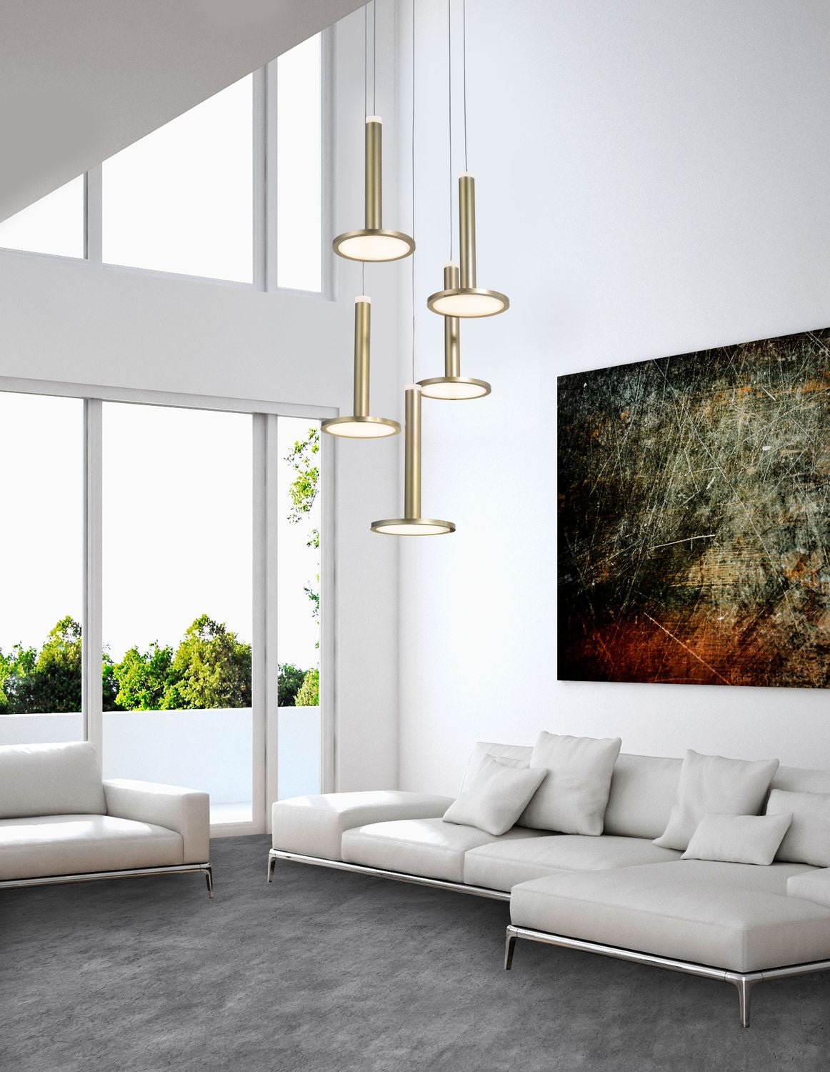 Suspension laiton à cinq pendants cylindriques allumés, installée dans un salon blanc contemporain