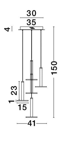 Schéma coté du luminaire : hauteur 150 cm, rosace 35 cm, largeur 41 cm