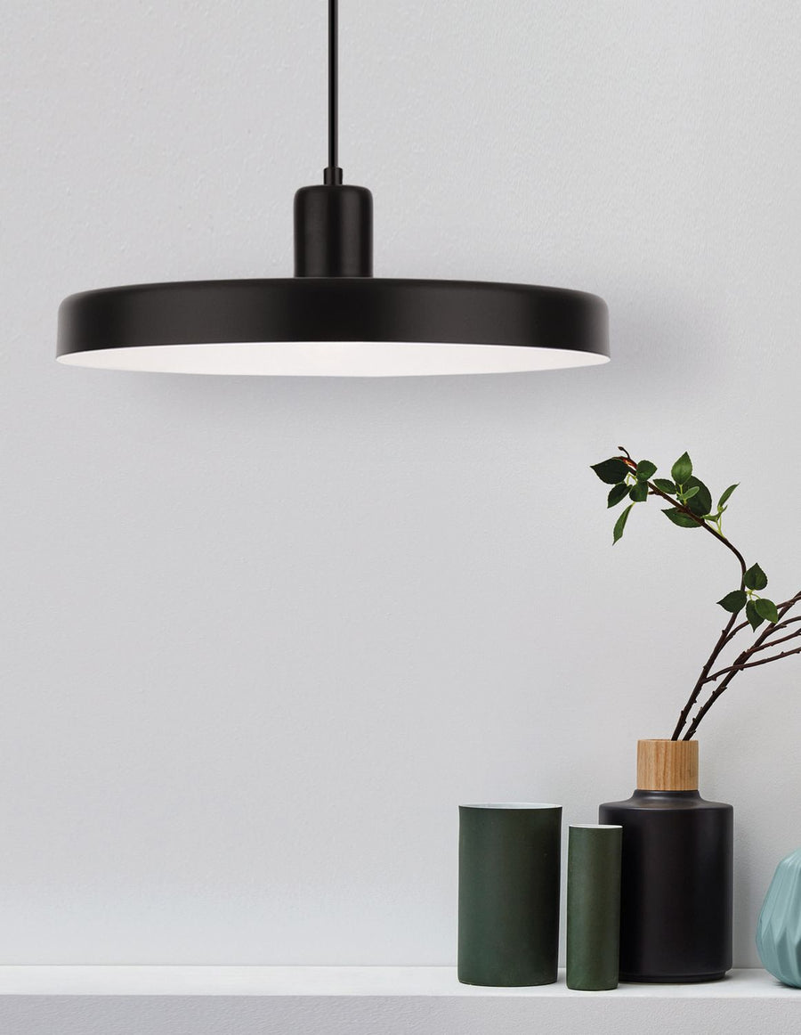 Suspension noire au-dessus d'une étagère avec vases et branches vertes