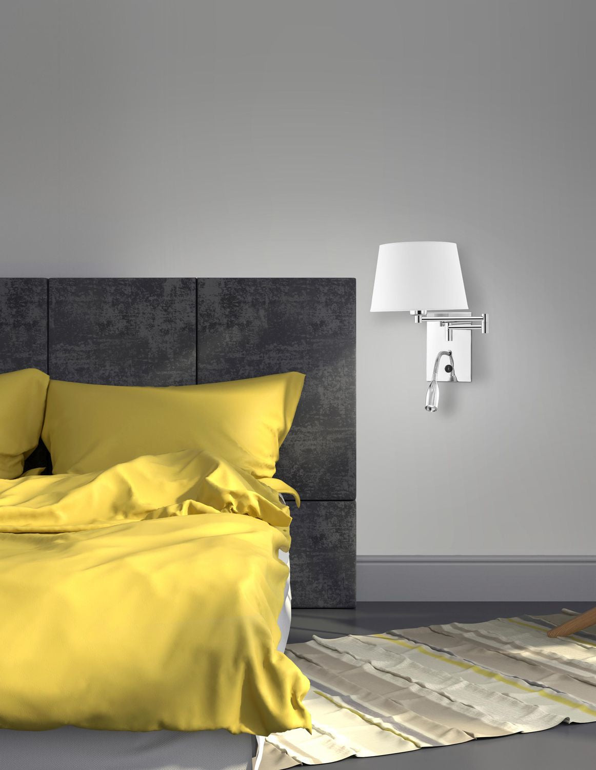Applique murale installée dans une chambre avec lit jaune et tête de lit grise