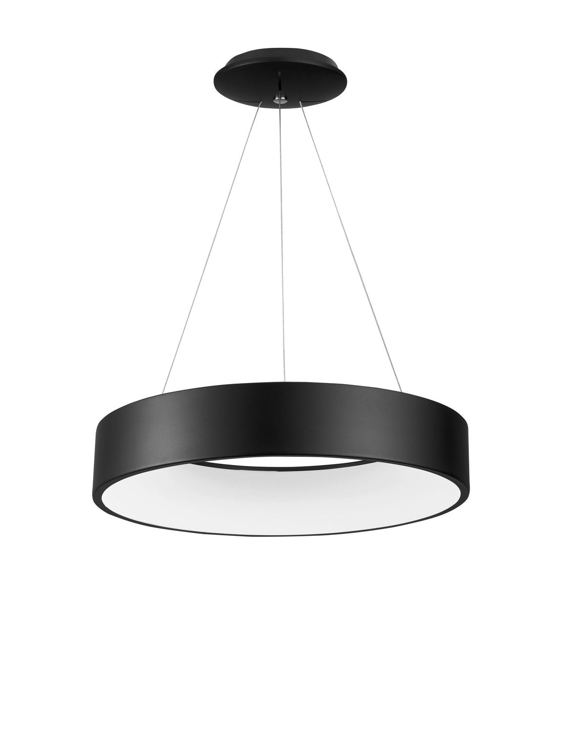 Vue de face du luminaire suspendu noir, cercle épais avec diffuseur blanc.