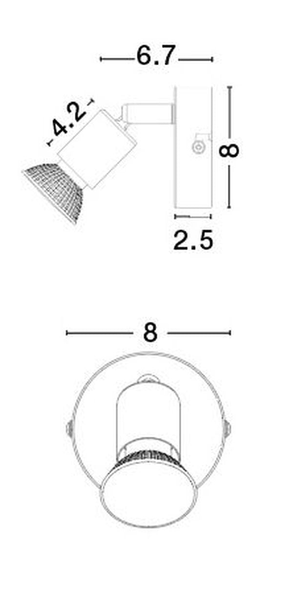 Schéma technique coté du luminaire avec dimensions 6,7 cm et 8 cm.
