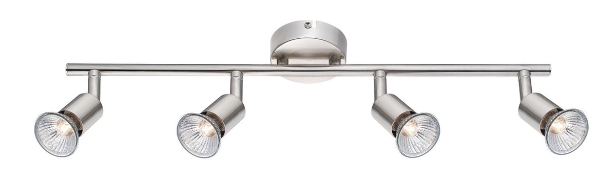 Vue de face du luminaire nickel sur fond blanc, quatre projecteurs orientables
