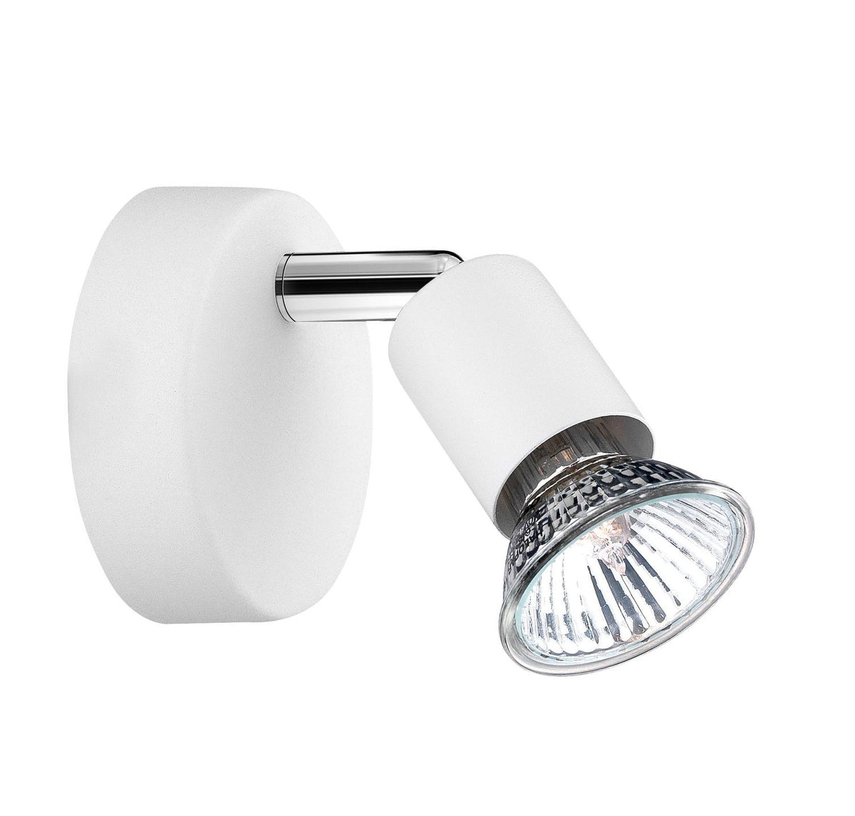 Vue produit du spot mural blanc et chrome, orientable, sur fond blanc.