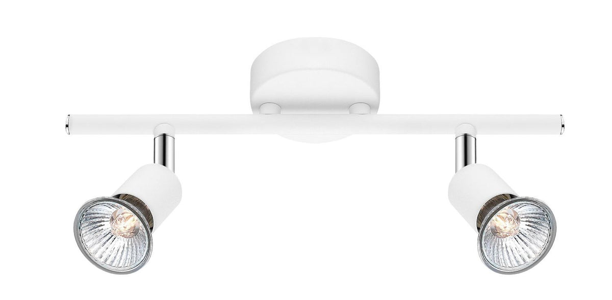 Vue de face du plafonnier blanc à deux projecteurs orientables sur une barre horizontale.