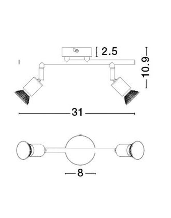 Schéma technique coté du plafonnier blanc avec largeur 31 cm et hauteur 10,9 cm.