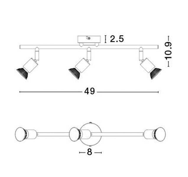 Schéma coté du plafonnier, longueur 49 cm, hauteur 10,9 cm et base 8 cm