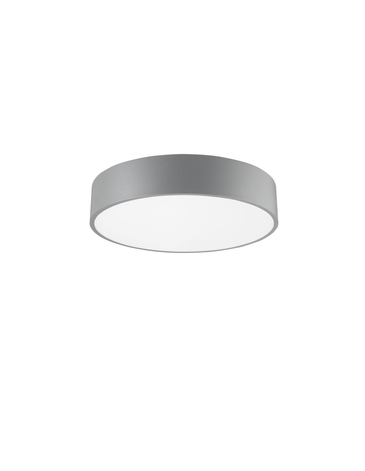 Vue de dessous d'un plafonnier rond gris avec diffuseur blanc opale.