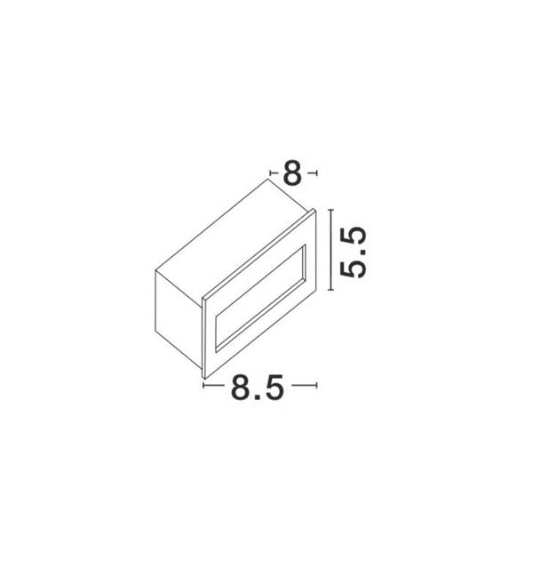 Schéma de dimensions cotées : largeur 8,5 cm, hauteur 5,5 cm, profondeur 8 cm