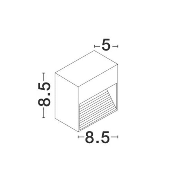 Dessin technique coté : 8,5 cm de hauteur, 8,5 cm de largeur, 5 cm de profondeur.