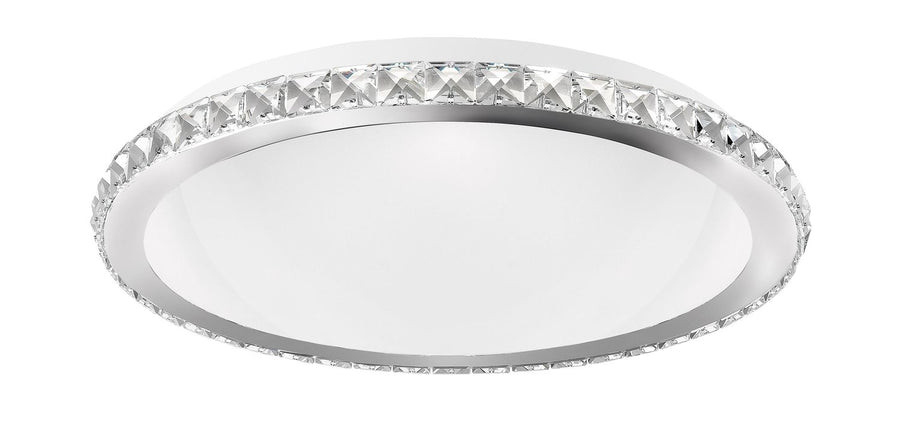 Vue de face du plafonnier rond chromé avec cercle de cristaux taillés sur fond blanc.