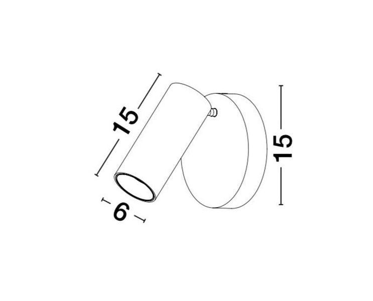 Schéma coté du luminaire : longueur 15 cm, hauteur 15 cm, diamètre 6 cm.
