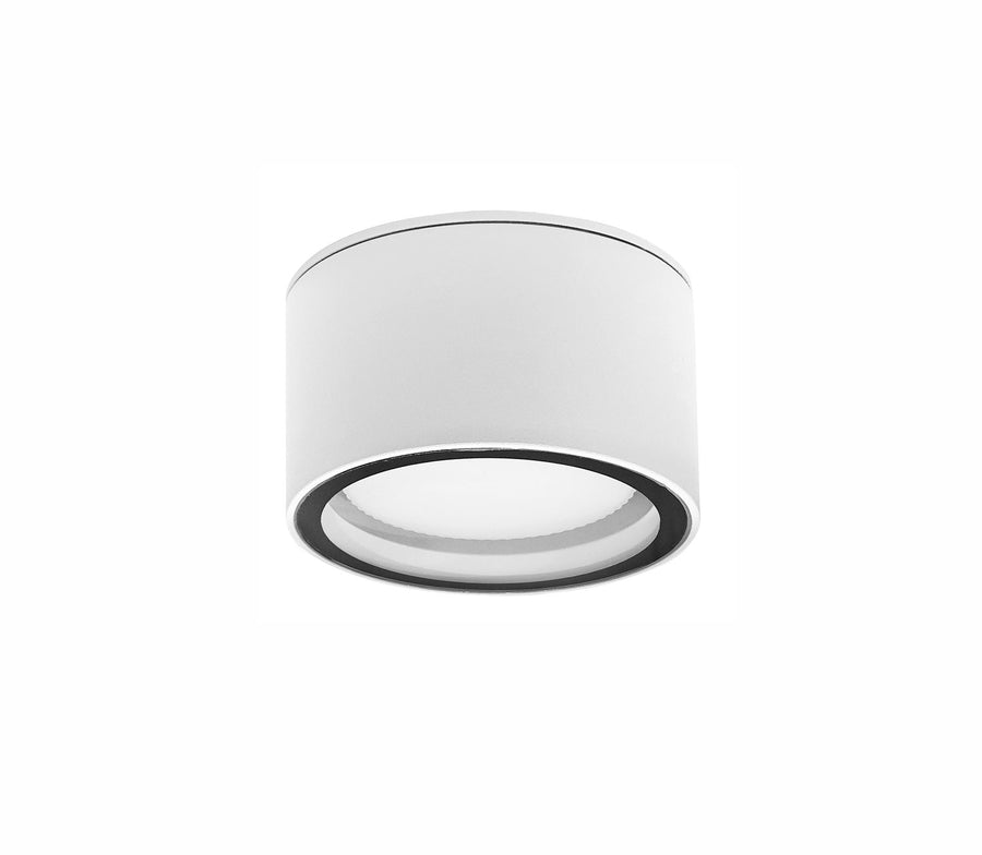 Vue de face du plafonnier blanc sur fond blanc, verre opale et liseré noir