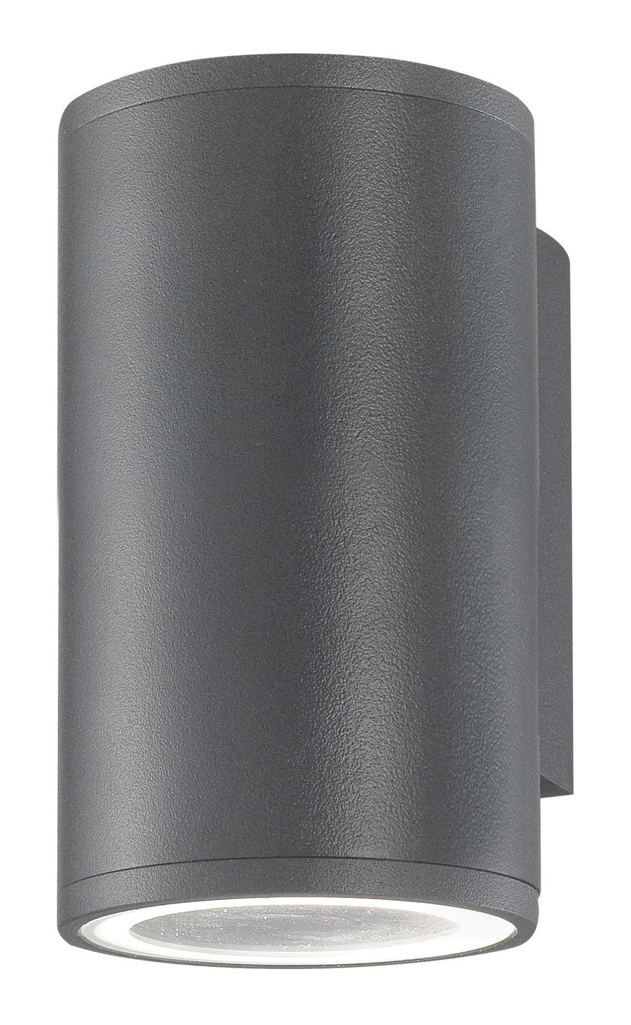Vue rapprochée de l'applique cylindrique grise, montrant la finition texturée et le verre diffusant