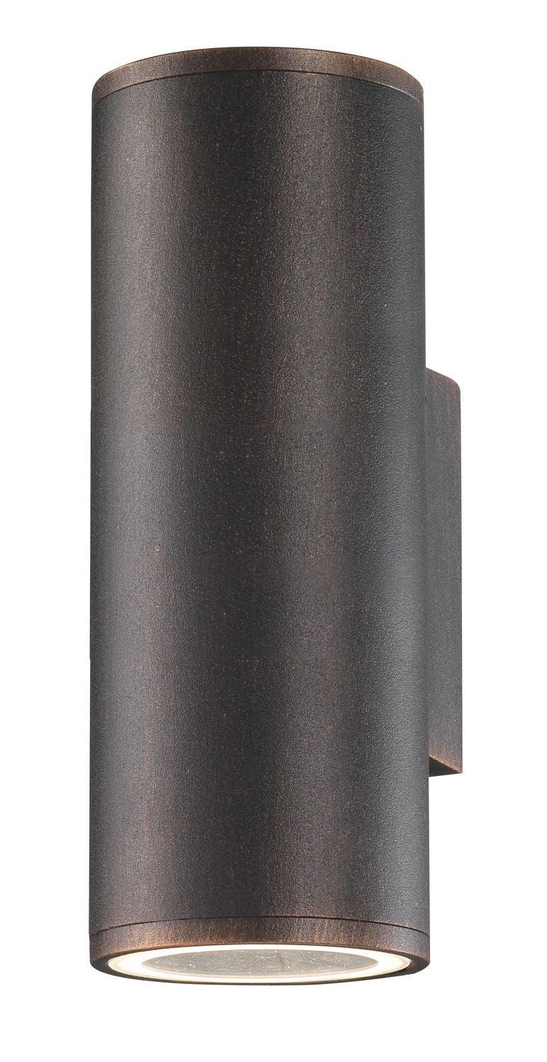 Produit de face : applique murale cylindrique marron foncé, diffuseur en verre en partie basse.