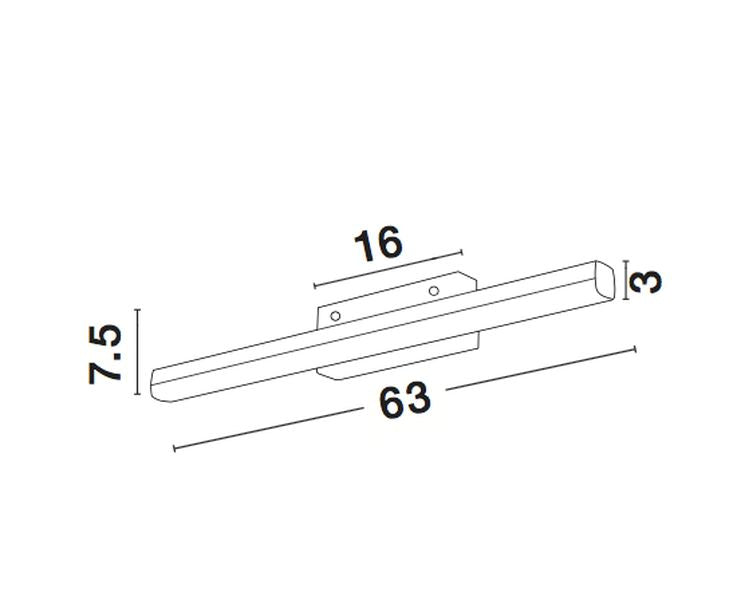 Schéma de dimensions : longueur 63 cm, hauteur 7,5 cm, profondeur 3 cm