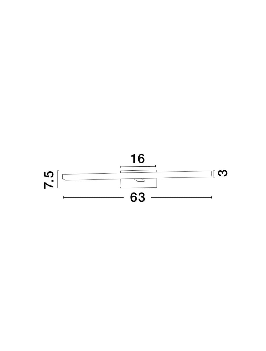 Schéma coté du luminaire : 63 cm de large, base de 16 cm, profondeur 7,5 cm