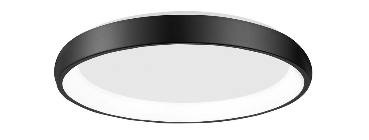 Vue de face du plafonnier rond noir sur fond blanc, léger plongeon