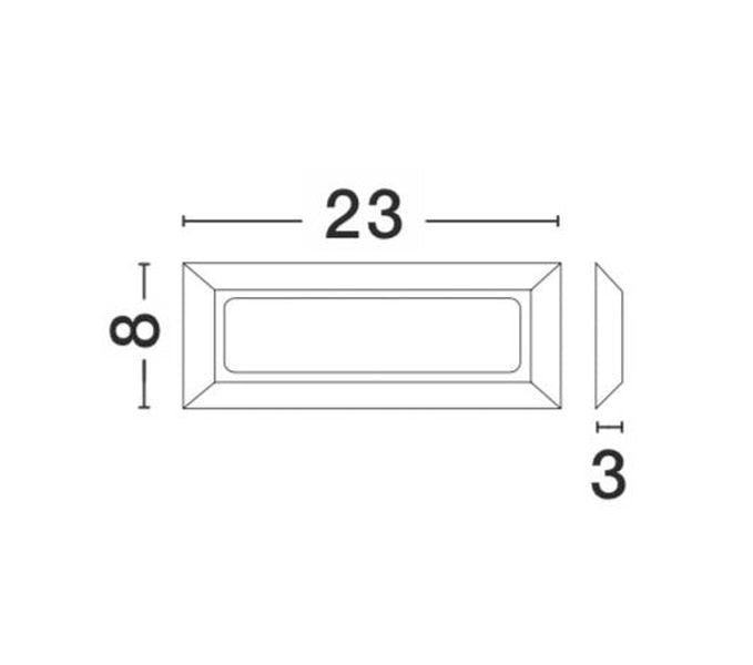 Schéma technique coté : largeur 23 cm, hauteur 8 cm et profondeur 3 cm.