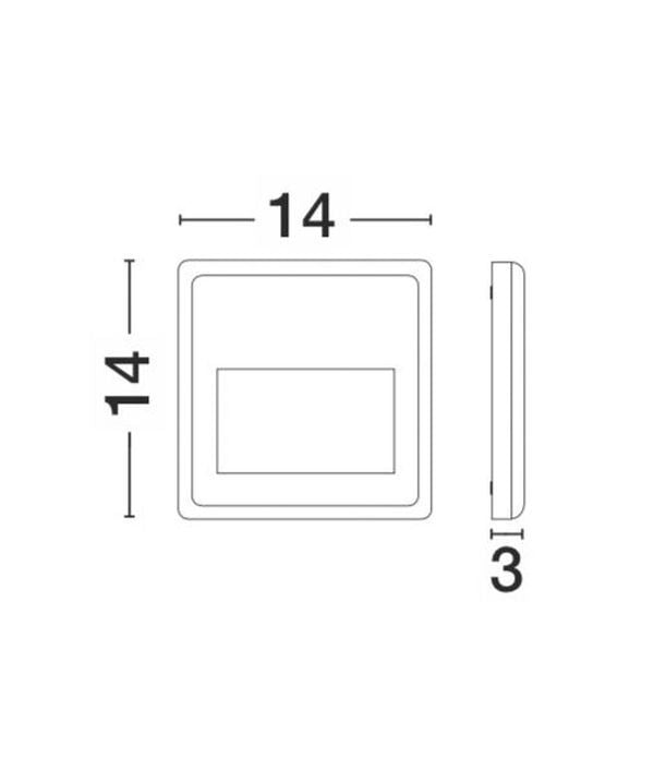 Schéma coté montrant les dimensions 14 cm de côté et 3 cm de profondeur