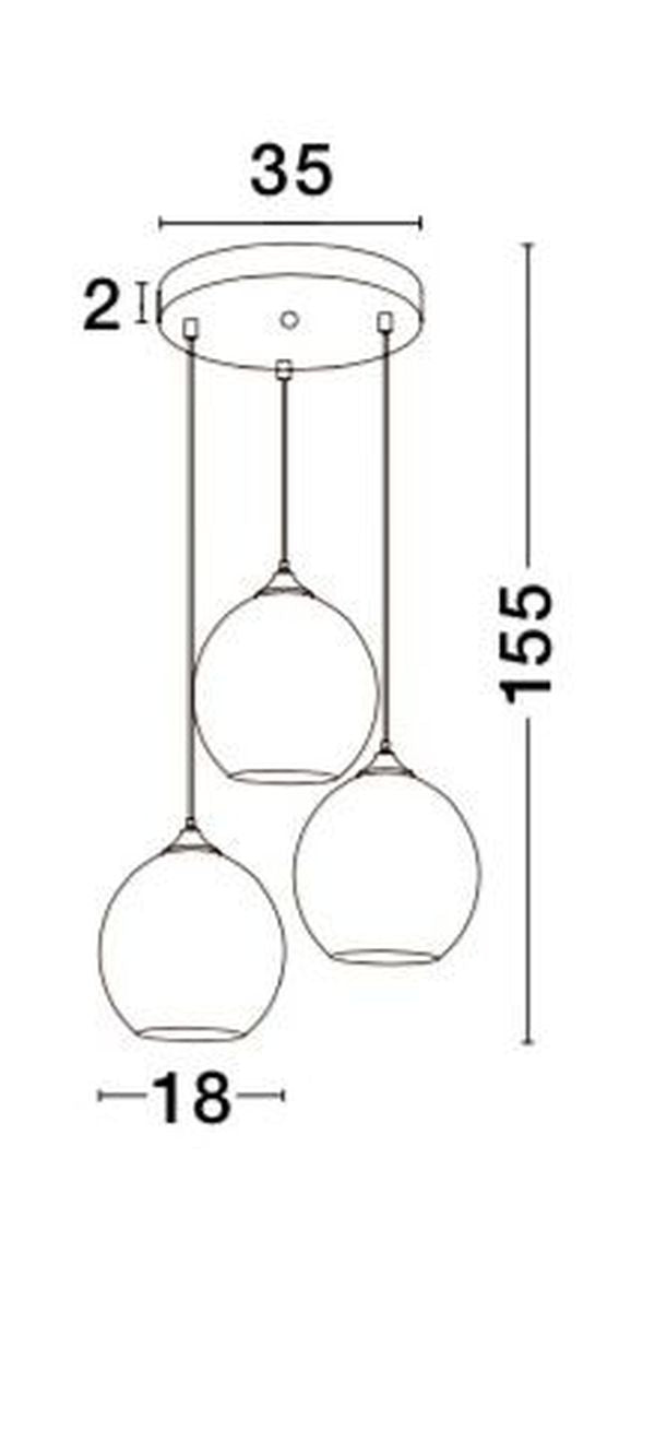 Schéma technique coté avec hauteur totale, diamètre du support et des globes.