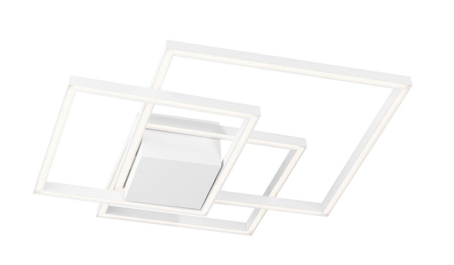 Vue de trois quarts du luminaire blanc sur fond blanc, cadres géométriques emboîtés