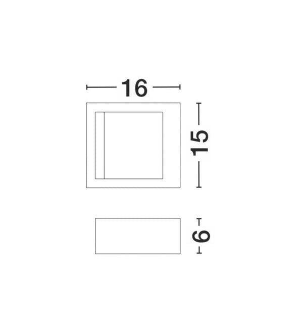 Schéma de dimensions avec largeur seize, hauteur quinze et profondeur six centimètres.
