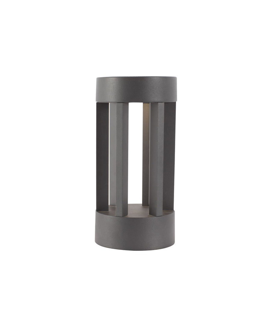 Borne lumineuse grise de face sur fond blanc, structure cylindrique à lattes verticales